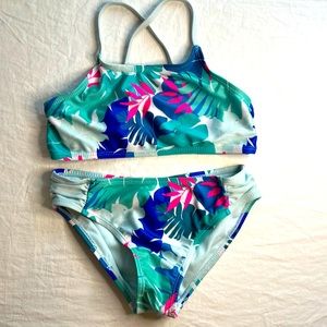 Wonder Nation Girls Two Piece Teal Floral Colorful Bikini Swimsuit Size 7-8